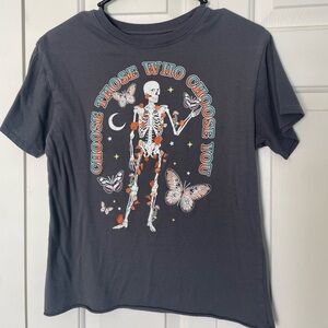 Awake Juniors T-Shirt in Dark Gray with Skeleton and Butterfly Desigy